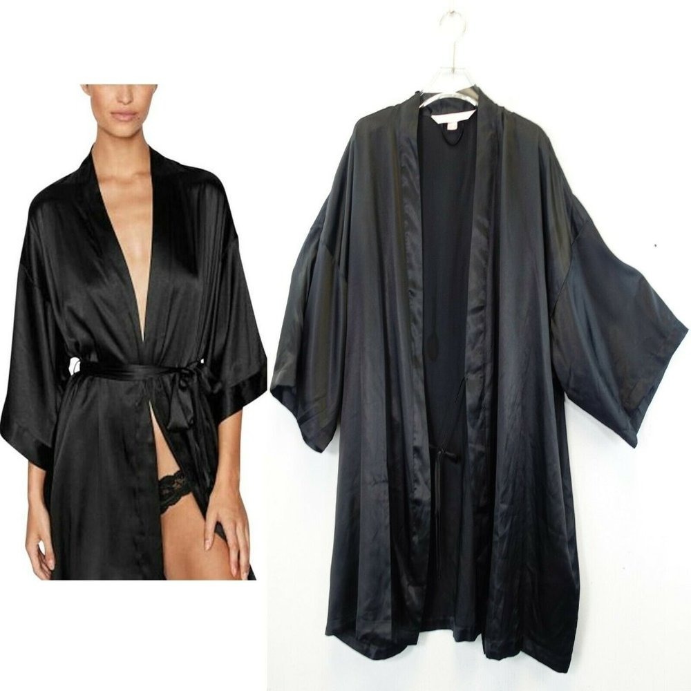 Y2K VICTORIAS SECRET Kimono Robe Womens Black Satin Gothic Boho Night Gown